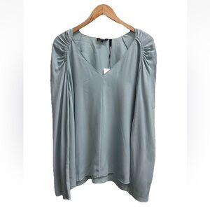 Theory Silk Shirred Shoulder Blouse XL Ice Blue V-Neck Long Sleeve Top NWT Silk